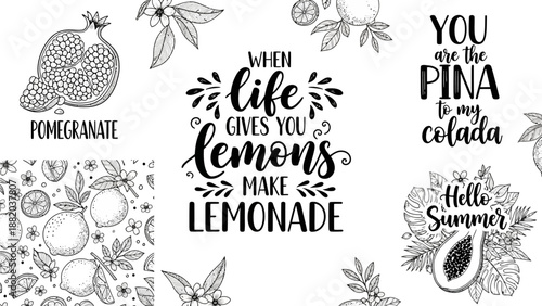 A collection of lemon-themed illustrations and inspirational quotes on a white background, featuring various fruits and leaves.