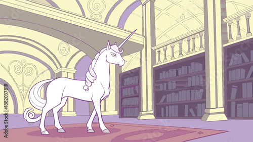 Majestic white unicorn standing on red carpet in grand library with yellow walls and purple bookshelves