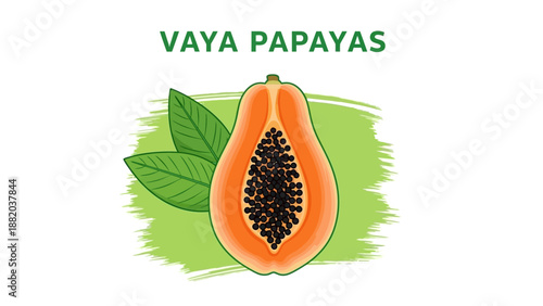 Vibrant Papaya Cut Open with Seeds and Leaves on White Background