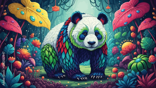 Vibrant panda bear in fantastical forest with colorful mushrooms and flowers whimsical illustration
