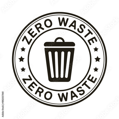 circular logo design featuring zero waste text and a trash can symbol