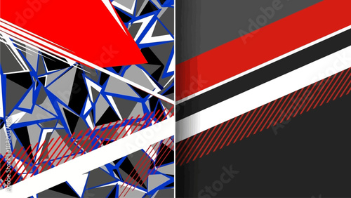 Geometric patterns and abstract shapes intersecting in a dynamic composition with red, black, and white elements viewed from a straightforward perspective