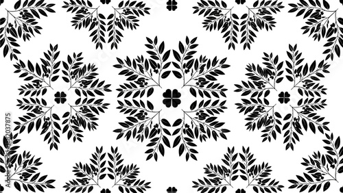 Intricate floral pattern featuring seta, leaves, and branches in a symmetrical arrangement, illustration, close-up view