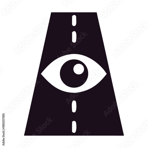 Abstract stylized white eye symbol on a dark purple roadlike trapezoid with a dashed white line, symbolizing vision, direction, and foresight, isolated on
