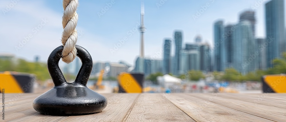 Fototapeta premium Close-up view of a black pulley on a yacht with rope and tape in a marina near a city on a sunny day