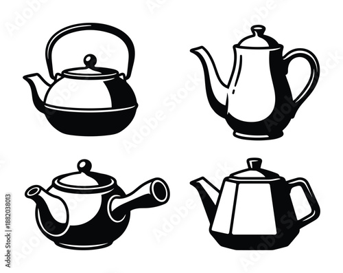 Teapots illustration set in black and white color, includes different teapot styles and shapes.