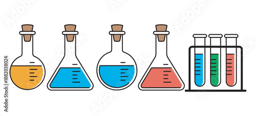 Science lab illustration colorful laboratory glassware, bright liquids, flasks, beakers, test tubes, STEM education, scientific research graphics, educational visuals, experiment vector design