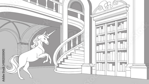 Mythical unicorn rears up beside elegant staircase in grand library with bookshelves