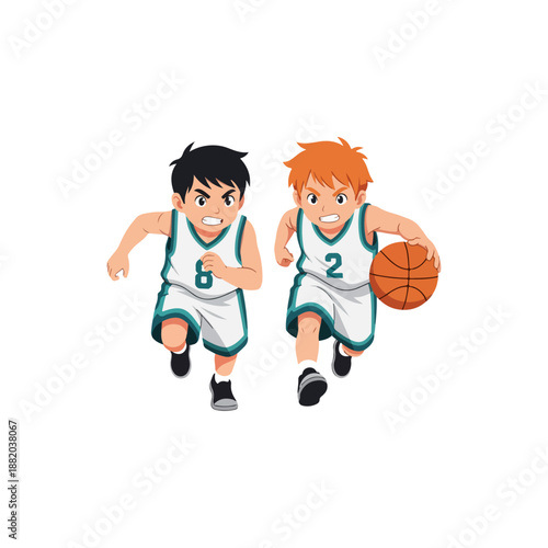 Two young boys playing basketball with determination.
