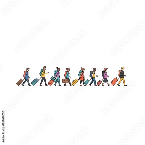 People Walking with Luggage in a Line.