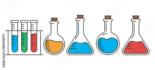 Science lab illustration colorful flasks, beakers, test tubes, bright liquids, educational materials, laboratory experiments, scientific research visuals, STEM learning, vector design