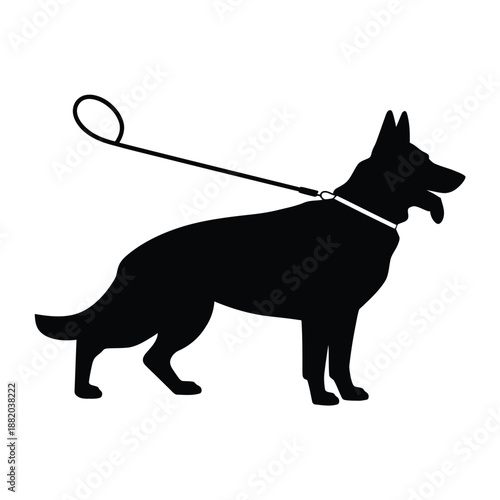 a black silhouette of a german shepherd dog with a leash and collar
