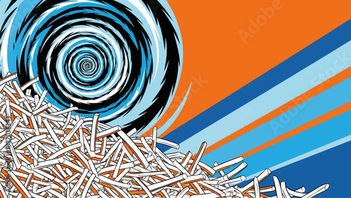 Vibrant abstract illustration of swirling seta, dynamic motion, and scattered elements against a contrasting orange background from a close-up viewpoint