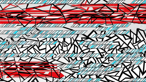 Abstract geometric pattern with intersecting lines and shapes in red, black, and blue hues from a close-up viewpoint