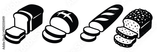 Vector art of assorted loaf and sliced bread including sandwich, round, baguette, and seeded breads.