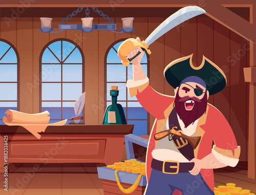 Pirates cabin. battleship cabin interior with aggressive pirate character holding weapon
