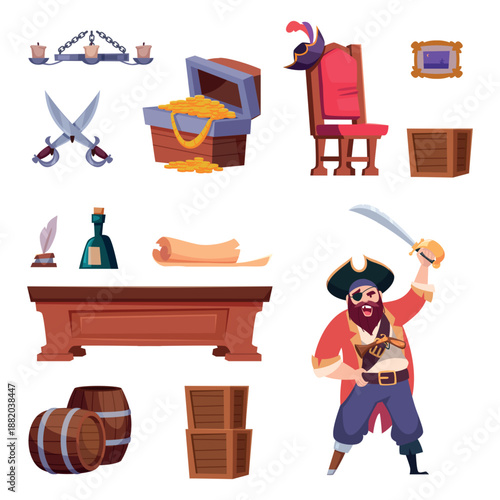 Pirates set. Table, chair, weapons, and strong drinks gold. The trappings of pirate life