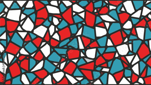 Vibrant mosaic pattern featuring geometric shapes in red, blue, and white, creating a dynamic abstract design from a close-up viewpoint.