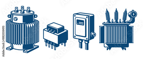Vector collection of electrical transformers. Power converter devices. Industrial elements in blue.
