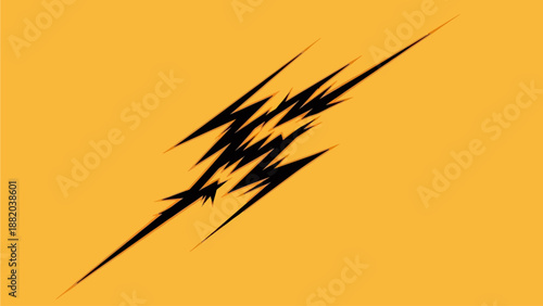 Dynamic diagonal black lightning bolt on vibrant yellow background illustration viewed from straight on