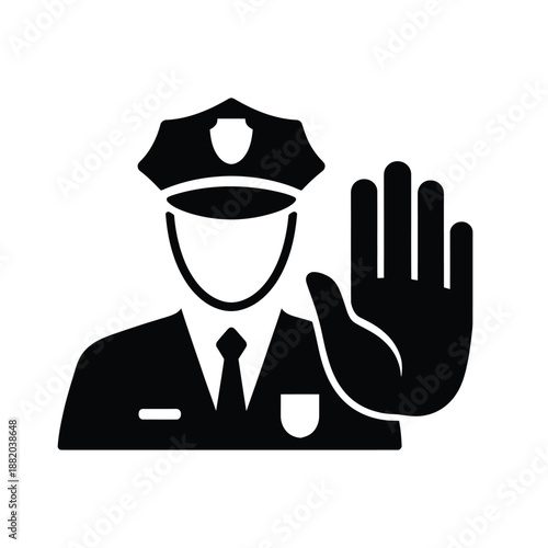 a black and white icon depicting a police officer gesturing a stop signal
