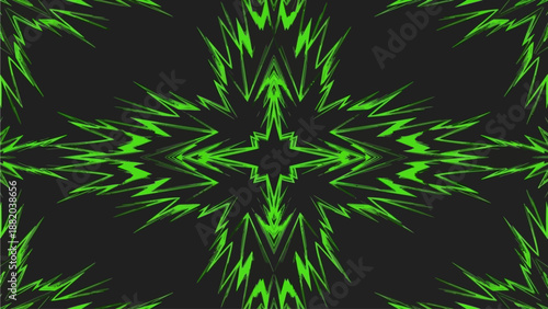 Symmetrical neon green abstract pattern on black background viewed from directly above