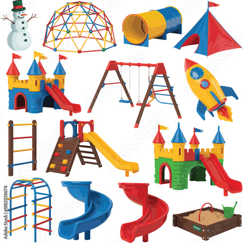Colorful playground equipment illustration set featuring slides, swings, climbing frames, tents, rockets, and sandpit elements, perfect for kids activities, outdoor play, recreation design,
