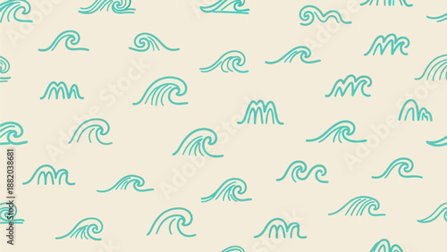 A serene pattern of stylized turquoise waves on a beige background, viewed from directly above, showcasing a calming ocean scene.