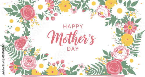 Happy mother's day wishes with beautiful floral frame and colorful flowers