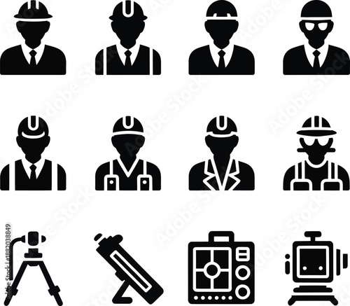 Collection of construction worker icons and surveying tools representing industry and technology