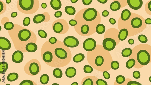 Illustration of green spots on a beige background, possibly representing cells or microorganisms, viewed from directly above.
