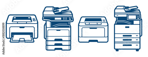 Vector illustration of different types of printers, including standard and multifunction models.