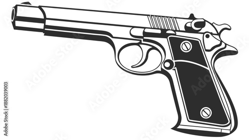 Handgun illustration with black grip and silver details pointing left on white background