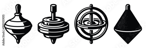 Vector illustration of four different spinning top toys. Line art, simple black and white design.