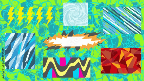 Vibrant abstract shapes and patterns in a dynamic arrangement showcasing geometric forms and expressive designs