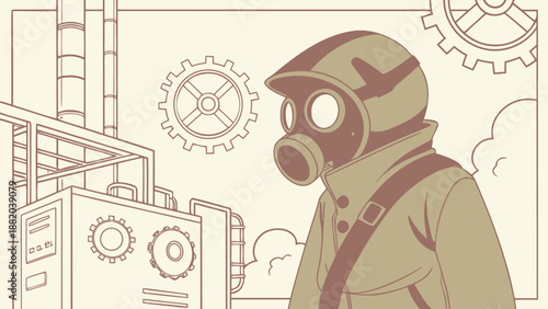 Person wearing gas mask standing in industrial setting with machinery and gears