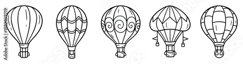 Vector illustration of hot air balloons with various designs. Decorative and simple line art.
