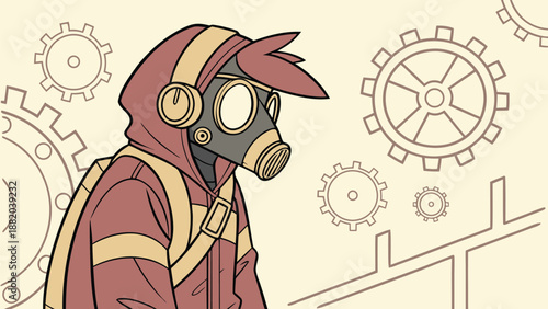 Person wearing a gas mask and protective gear with industrial background and gear mechanisms