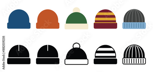 Vector illustration of knitted beanie hats. Set of warm winter caps collection isolated, different styles.