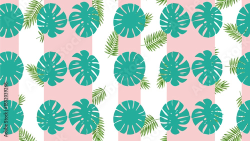 Tropical leaves pattern with monstera and palm on pink stripes from above