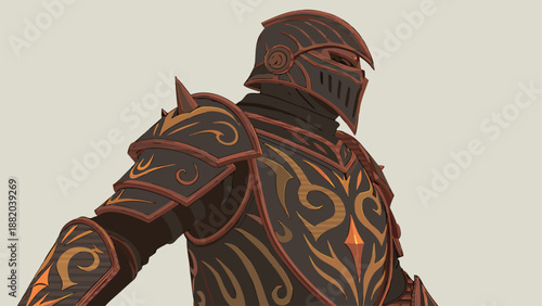 Medieval knight in ornate armor with gold and red details stands heroically from behind wearing a helmet and shoulder pads against a beige background