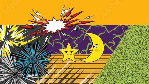 Vibrant abstract illustration of explosion, star, moon, landscape, and foliage from a dynamic viewpoint