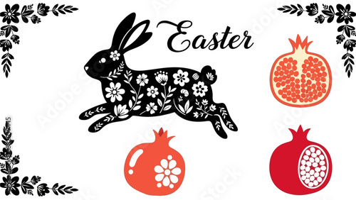 Easter celebration illustration featuring a floral rabbit and pomegranates in a festive holiday design