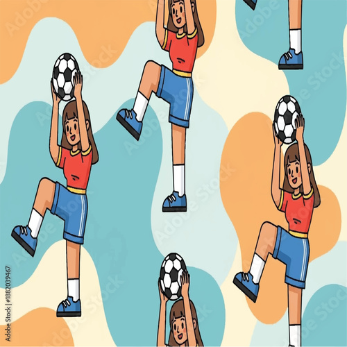 Seamless pattern of cartoon girls playing soccer