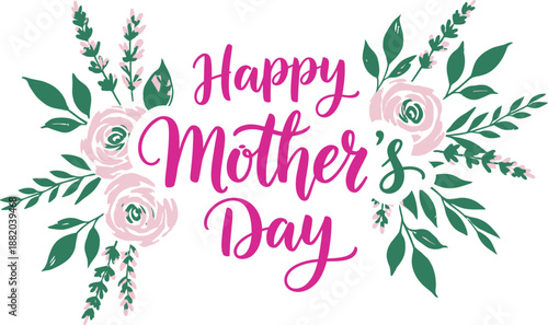 Happy mother's day wishes greeting card with beautiful flowers and leaves