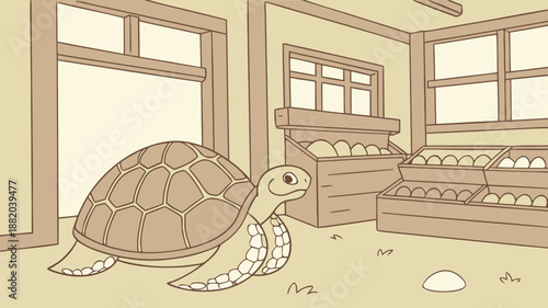 Turtle walks through a room with eggs on shelves and windows in the background indoor scene with reptile