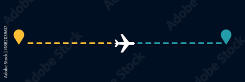 Flight route vector illustration. Airplane on dashed line on path to destination. Flight tracking interface.