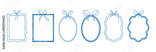 Doodle line frame, ribbon bow border set, vector hand drawn coquettish wedding decor, elegant lace. Minimal holiday whimsical postcard design, wax crayon texture, wavy decoration print. Doodle frame