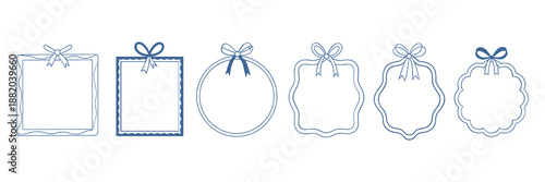 Doodle line frame, ribbon bow border set, vector hand drawn coquettish wedding decor, elegant lace. Minimal holiday whimsical postcard design, wax crayon texture, wavy decoration print. Doodle frame