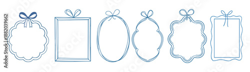 Doodle line frame, ribbon bow border set, vector hand drawn coquettish wedding decor, elegant lace. Minimal holiday whimsical postcard design, wax crayon texture, wavy decoration print. Doodle frame